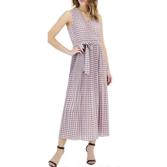 T Tahari Pleated Fit And Flare Midi Dress‎ Blue Tile Orange Cross V-Neck Size S - Picture 1 of 13